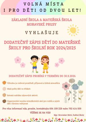 Dodatečný zápis dětí do Mateřské školy pro školní rok 2024/2025 1